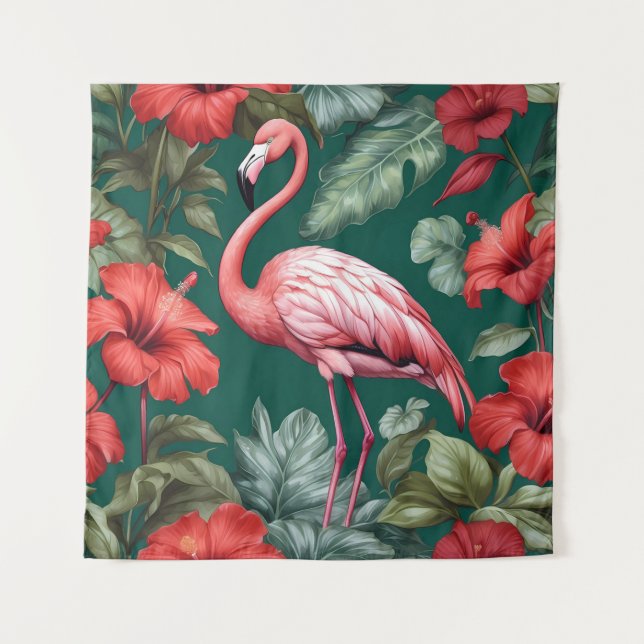 Tenture Elégante Flamant rose Hibiscus Fleurs Emerald Gree (Devant)
