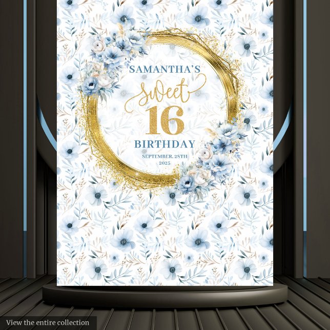 Tenture Elégante Parties scintillant en or de Sweet sixtee (Elegant Dusty Blue Sweet Sixteen Gold Glitter Tapestry)