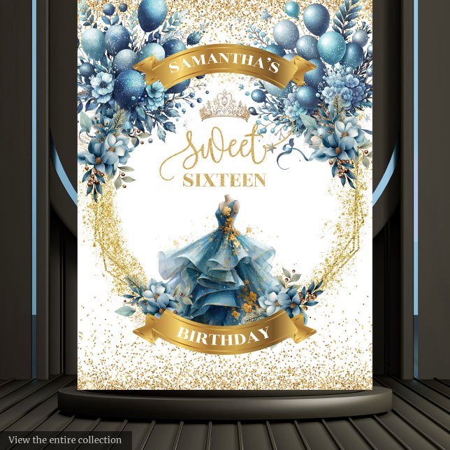 Tenture Élégante robe bleue Or Parties scintillant douce 1 (Elegant Blue Dress Gold Glitter Sweet 16 Banner)