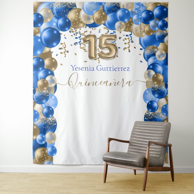 Tenture Elégante Royal Blue Gold Balloon Arch Quinceanera (En situation)