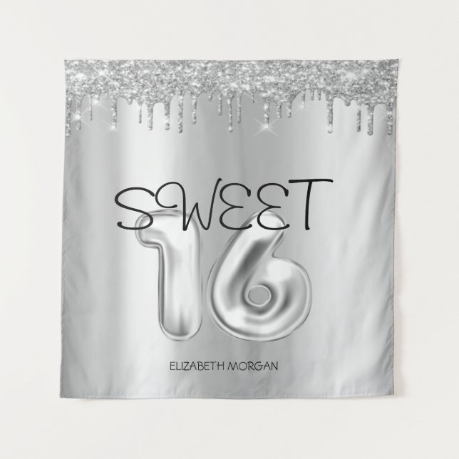 Tenture Élégantes gouttes d'argent Sweet 16 (Devant)