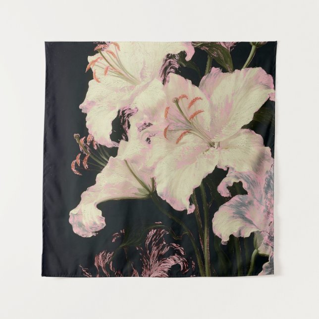 Tenture Élégants lys blancs sur fond noir floral (Devant)