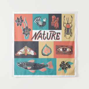 Tenture Éléments de la nature, Icônes de style rétro.