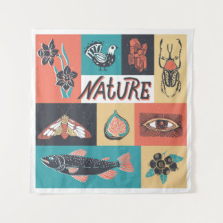 Tenture Éléments de la nature, Icônes de style rétro.