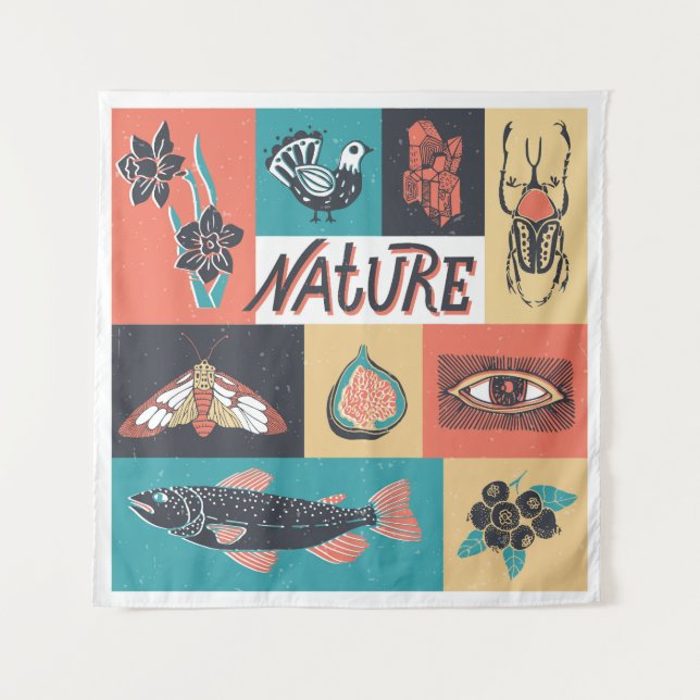 Tenture Éléments de la nature, Icônes de style rétro. (Devant)