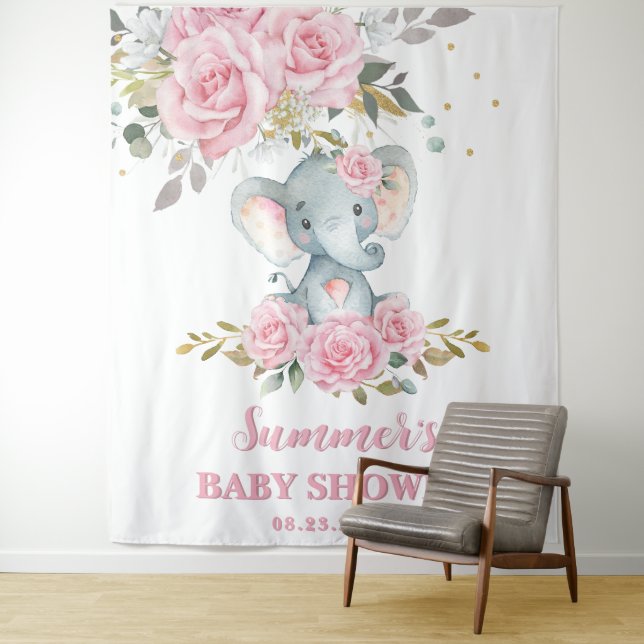 Tenture Elephant Bébé rose Baby shower floral fond (En situation)