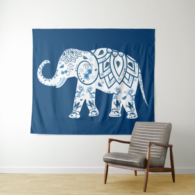 Tenture Éléphant bleu à motif orné (En situation (horizontale))