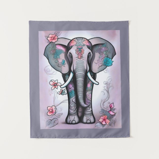 Tenture Éléphant indien gris orné de fleurs (Devant)