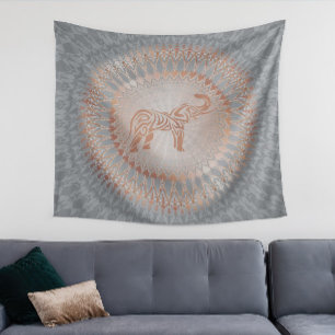 Tenture Éléphant Mandala Gris Or Rose
