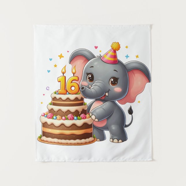 Tenture Éléphant mignon 16e anniversaire (Devant)