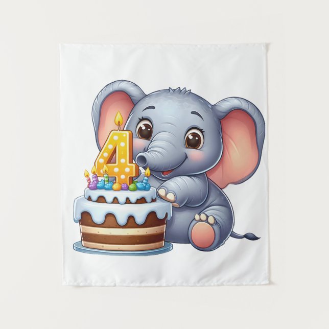 Tenture Éléphant Mignon 4ème Anniversaire (Devant)