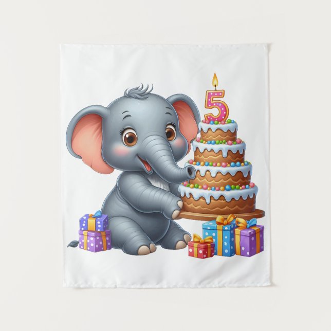 Tenture Éléphant Mignon 5ème Anniversaire (Devant)
