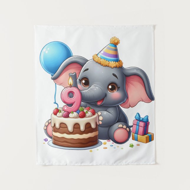Tenture Éléphant Mignon 9ème Anniversaire (Devant)