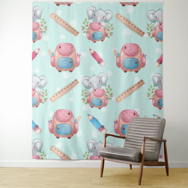 Tenture Éléphant motif de rentrée scolaire (En situation)