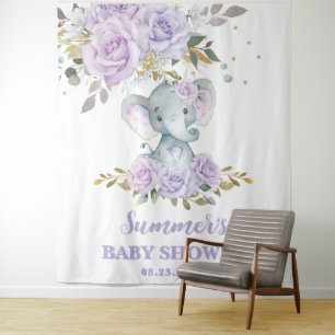 Tenture Elephant Purple Lilac Baby shower Floral Arrière-p