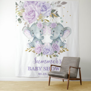 Tenture Elephant violet Baby shower à jumeaux floraux Cont