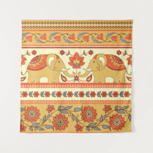 Tenture éléphants ethniques, fleurs, motif sans soudure.