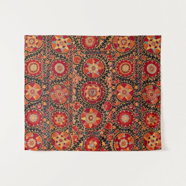 TENTURE EMBROIDÈRE FLORALE OUZBEK D'ORANGE ROUGE ANTIQUE (Devant (Horizontal))