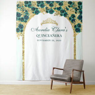 Tenture Emerald Floral Princess Gold Arch Quinceanera