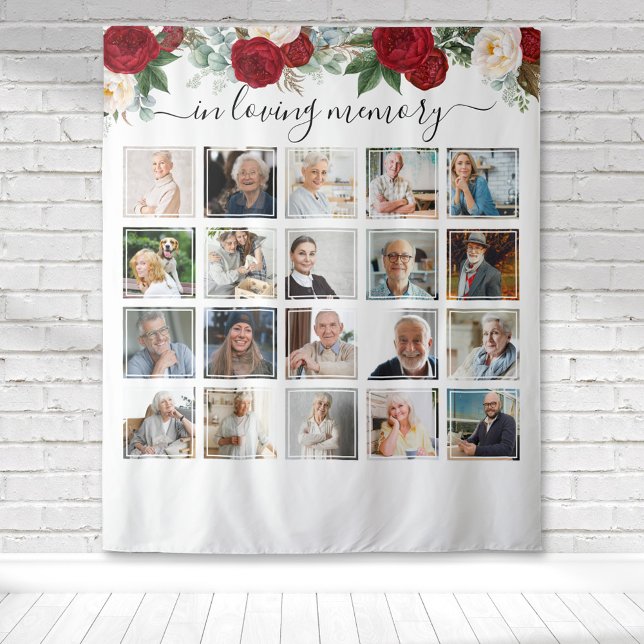 Tenture En Mémoire Aimante 20 Photo Floral Rouge Mémorial (Red and white rose watercolor floral botanical memorial collage tapestry to honor your loved one.)