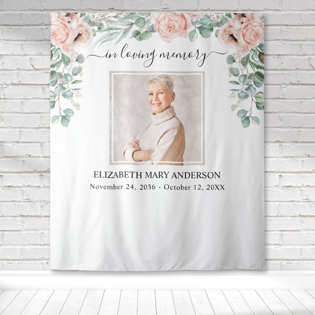 Tenture En Mémoire Amoureuse Photo Blush Pink Peony Memori (Blush pink peony eucalyptus watercolor floral botanical memorial tapestry to honor your loved one.)