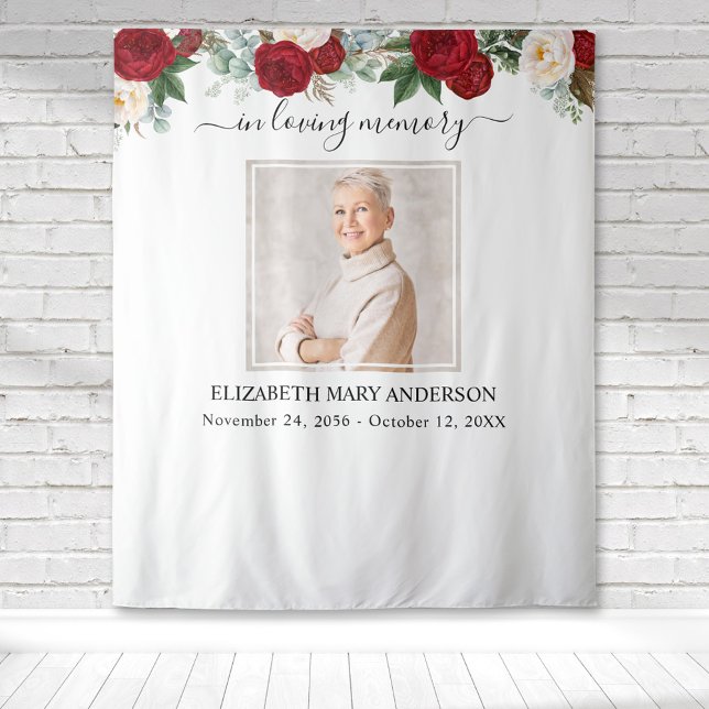 Tenture En Mémoire Amoureuse Photo Rouge Blanc Roses Memor (Red and white rose watercolor floral botanical memorial tapestry to honor your loved one.)