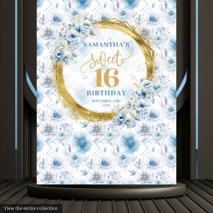 Tenture Enseigne pailletée dorée pour Sweet Sixteen bleu c