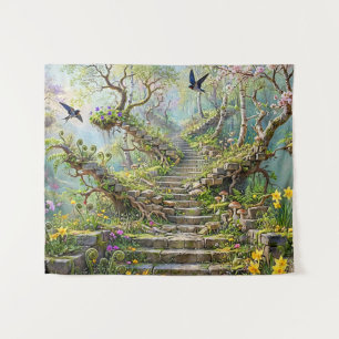 Tenture Escalier surréaliste de printemps qui avale des fl
