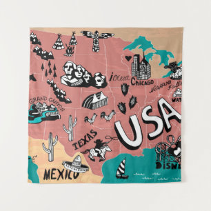 Tenture États-Unis Illustré : Carte Colorée Voyage.