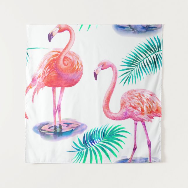 Tenture Été tropical avec flamants roses feuilles de palmi (Devant)