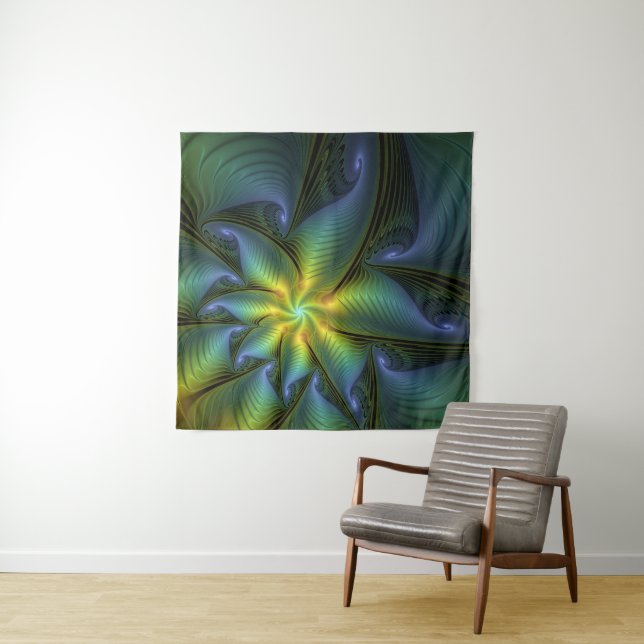 Tenture Etoile Abstraite, Bleu brillant Vert Or Fractal Ar (En situation)