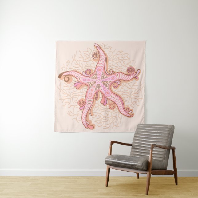 Tenture Étoile de mer et pastel rose corail (En situation)