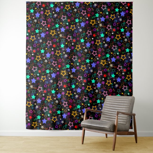 Tenture Étoiles Colorées Noires  (En situation)