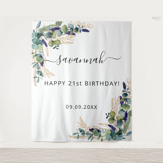 Tenture Eucalyptus de fête d'anniversaire monogramme doré (Devant)