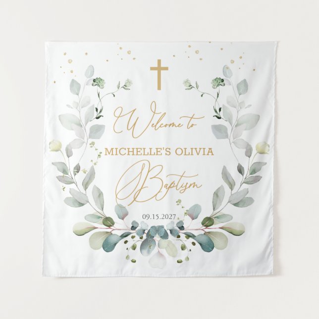 Tenture Eucalyptus Green Cross Baby Baptism Tapestry (Devant)