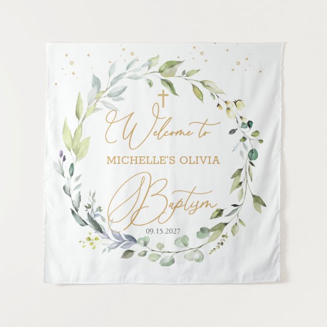 Tenture Eucalyptus Herbal Cross Baby Baptism Tapestry (Devant)