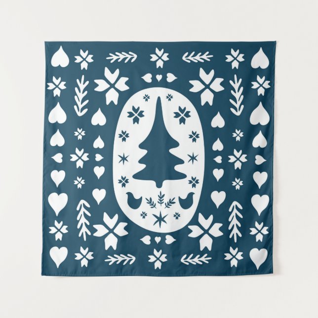 Tenture Europe Merry Christmas folk doodle art with firtre (Devant)