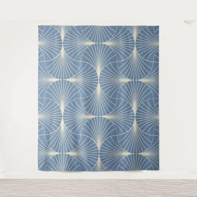 Tenture Éventails géométriques Art Déco en gris-bleu  (Devant)