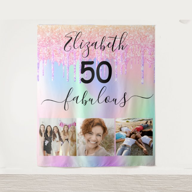 Tenture Fabuleux anniversaire rose photo holographique (Devant)