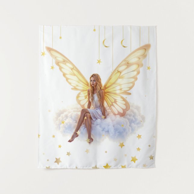 Tenture Fairy imaginaire blonde fille nuage assis magique (Devant)