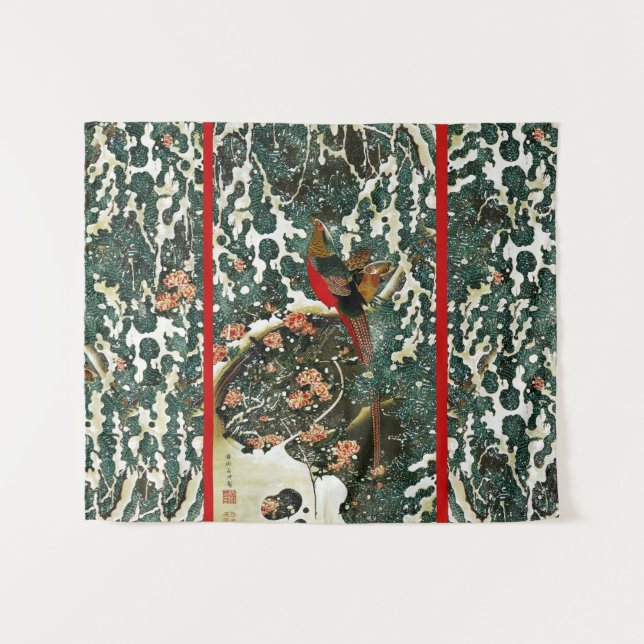 Tenture Faisans dans la neige, arbre pin, roses, fleurs ja (Devant (Horizontal))