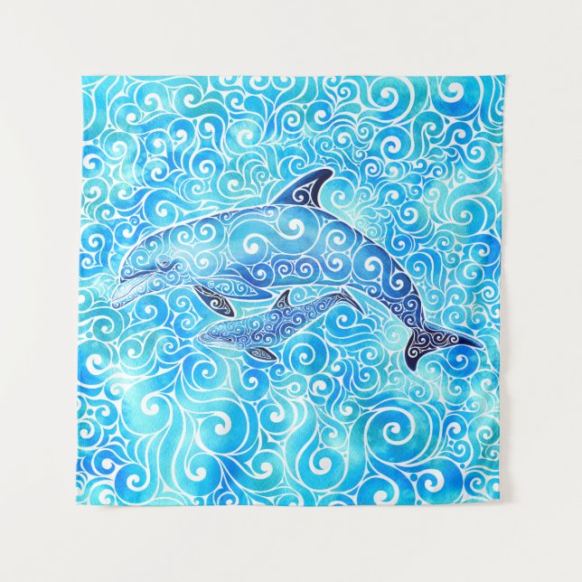 Tenture Famille tourbillonnant de dauphins (Devant)