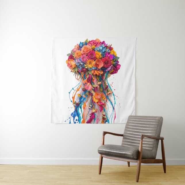 Tenture Fantaisie de méduse florale vibrante avec teinte q (En situation)