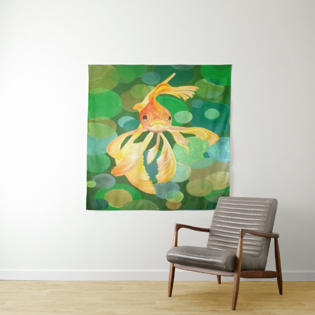 Tenture Fantastique poisson d'or avec bulles vertes Vector (En situation)