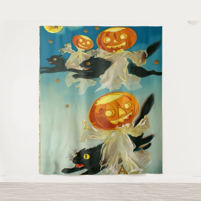 Tenture Fantômes Citrouilles vintages d'Halloween et chats (Devant)