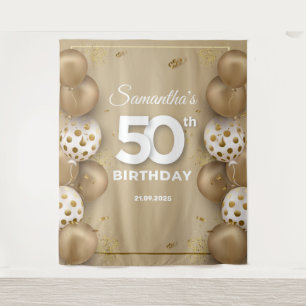 Tenture Faux or et ballons blancs 50e anniversaire