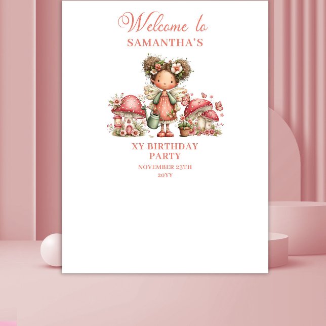 Tenture Fée Champignon 7ème Anniversaire Fond Rose (Fairy Mushroom 7th Birthday Pink Backdrop)