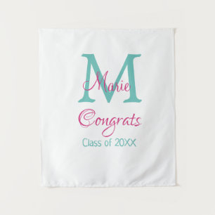 Tenture Félicitations diplômé nom monogramme vert rose ble