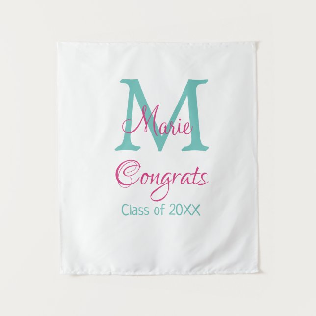 Tenture Félicitations diplômé nom monogramme vert rose ble (Devant)