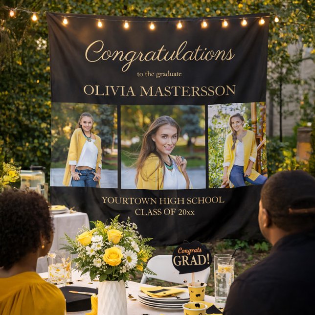 Tenture Félicitations pour la remise de diplômes en noir m (Black 3-photo graduation party tapestry)